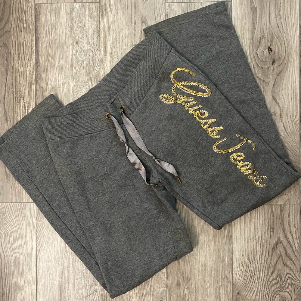 Guess Heather Gray Sweatpants with Gold Accent EUC